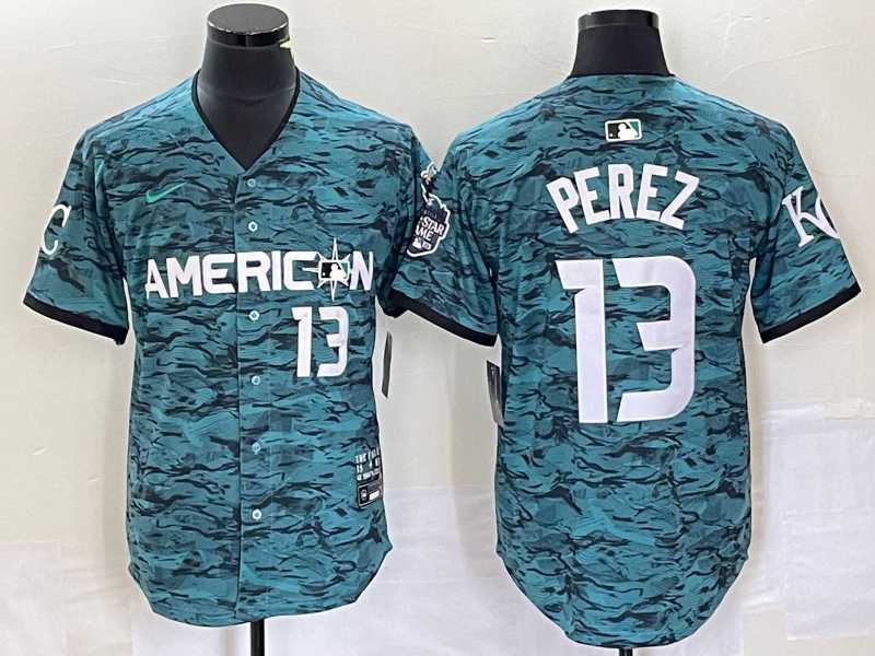 Men%27s Kansas City Royals #13 Salvador Perez Teal 2023 All Star Cool Base With Patch Stitched Baseball Jersey->cincinnati reds->MLB Jersey